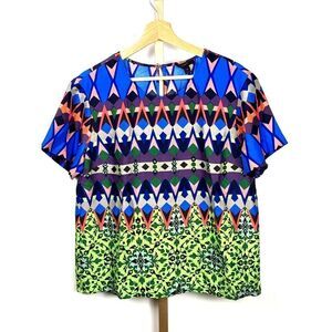 J. Crew Bold, Bright, Geometric Print S/S Blouse 100% Silk, EUC Size 6